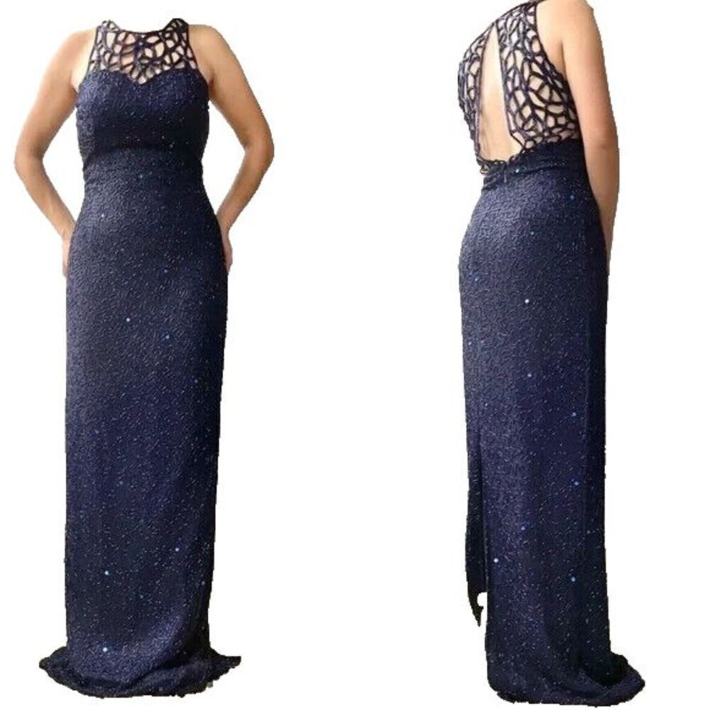 Scala Navy Blue Sleeveless Beaded Gown Maxi Long L Silk Women’s Formal Wedding